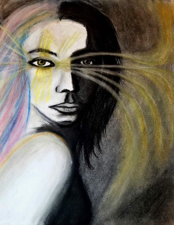 Woman looking over shoulder. One side of face black in shadows, the other stark white with rainbow hair. There are streaks of gold light from eyes. This artwork is called Cascade.